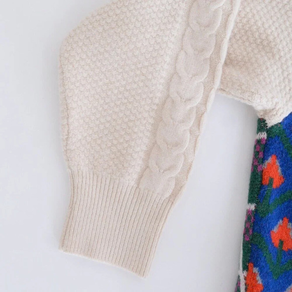 Cider Cream &  Blue Floral Argyle Knit Button Up Sweater L - Picture 10 of 12